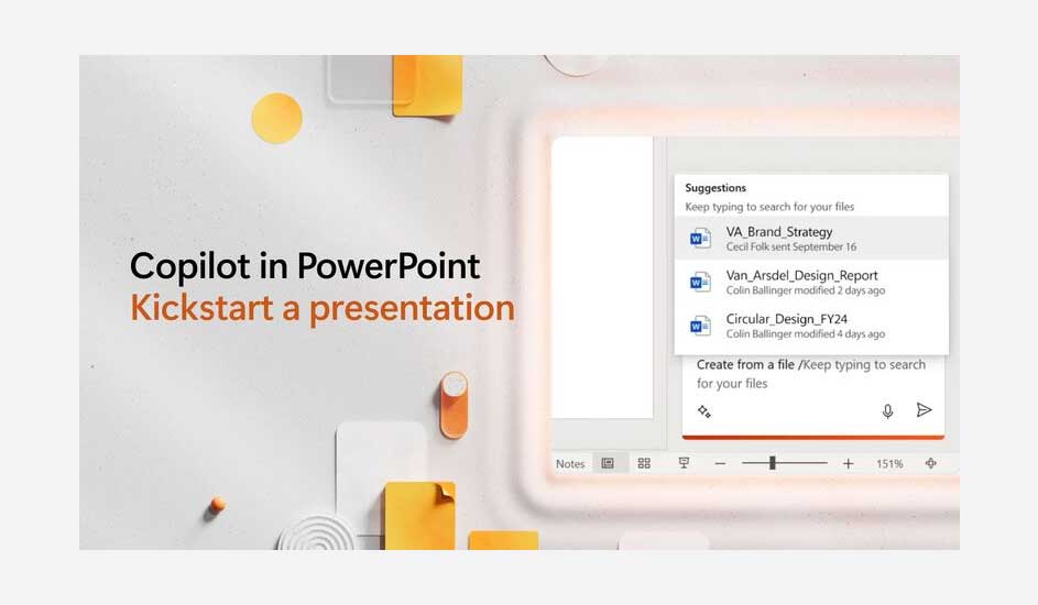 Interface PowerPoint avec suggestions de fichiers et notes jaunes. Texte : "Copilot in PowerPoint".