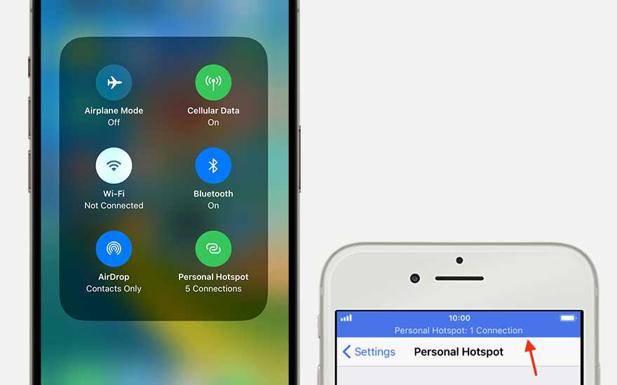Twee telefoonschermen tonen instellingen: de ene met vliegtuigmodus uit, wifi uit, en de andere met persoonlijke hotspot aan.