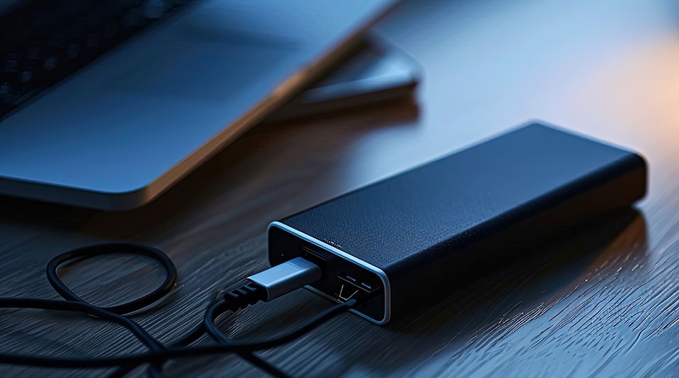 Un disque dur noir, connecté à un ordinateur portable sur une table en bois, avec un câble USB.