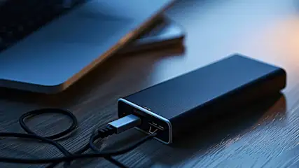 Un disque dur noir, connecté à un ordinateur portable sur une table en bois, avec un câble USB.