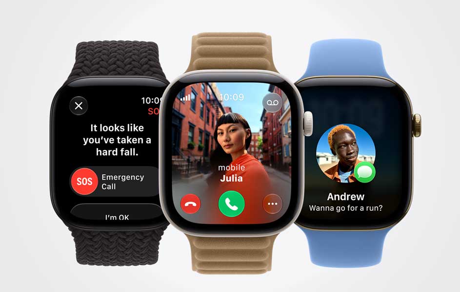 Drie smartwatches worden naast elkaar getoond. Het linker horloge waarschuwt voor een val, het middelste toont een videogesprek en het rechter een bericht.