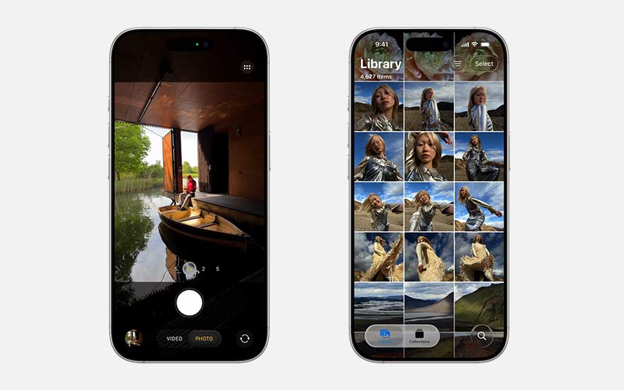 Two iPhones highlight the updated camera: one capturing a boat scene, the other showing a photo library of portraits.