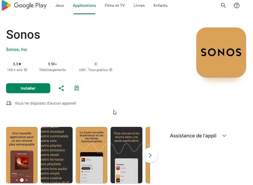 Capture d'écran de l'application Sonos sur Google Play, avec logo, bouton d'installation et aperçus des fonctionnalités.