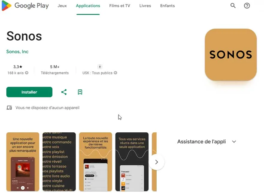 Capture d'écran de l'application Sonos sur Google Play, avec logo, bouton d'installation et aperçus des fonctionnalités.