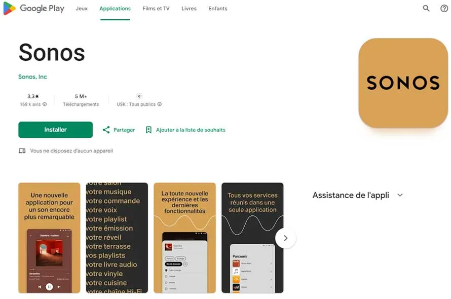 Google Play Store pagina voor de Sonos app, met schermafbeeldingen van functies en een installatieknop.