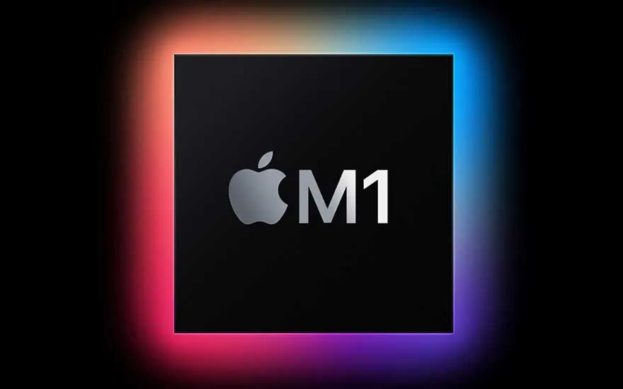 L'image présente une puce M1 d'Apple sur un fond noir. Un cadre lumineux multicolore entoure la puce, créant un effet visuel saisissant.