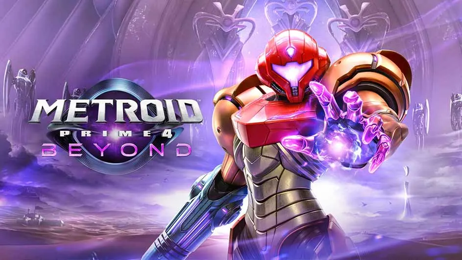 Armure rouge et or avec canon bleu. Le texte « Metroid Prime 4 Beyond » est en avant-plan sur un fond violet.