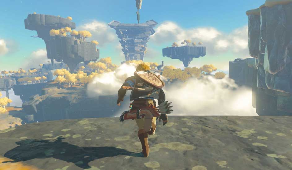 Ceci est un jeu vidéo. Un aventurier avec un bouclier et un arc court vers des îles flottantes remplies d’arbres au-dessus des nuages.