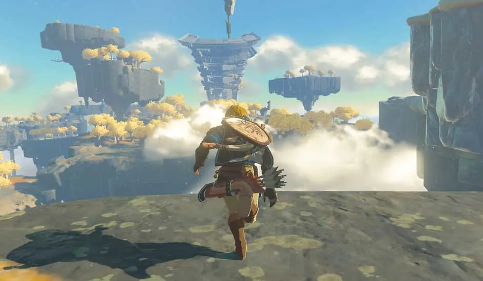 Dit is een videogame. Een avonturier met schild en boog rent richting zwevende eilanden vol bomen boven de wolken in een heldere lucht.