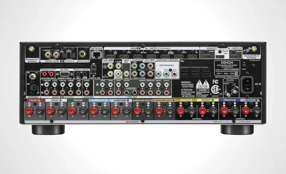 De achterkant van een zwart Denon AVR-X4500H-receiver met diverse aansluitingen voor audio, video en speakers.