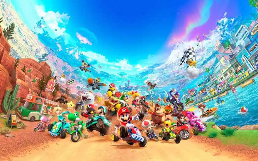 Une image colorée de Mario Kart avec des personnages Nintendo célèbres en course sur différents véhicules. Le circuit combine désert, plage et eau sous un ciel bleu éclatant aux couleurs d'arc-en-ciel.