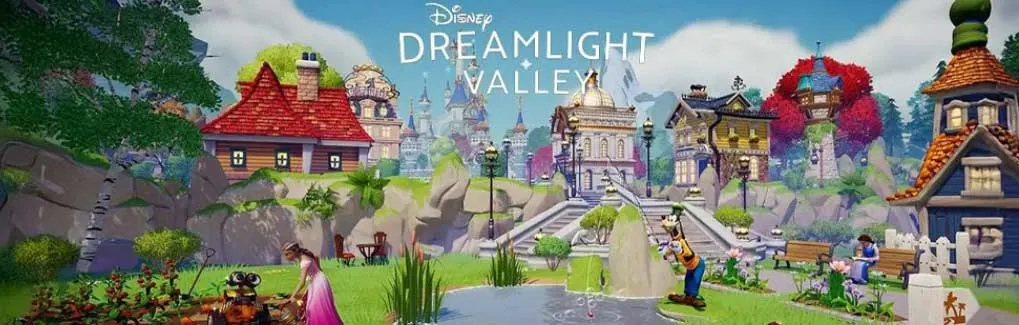 Disney Dreamlight Valley-promotie met Belle, het Beest en een open rood boek. Blauwe achtergrond met een kasteel.