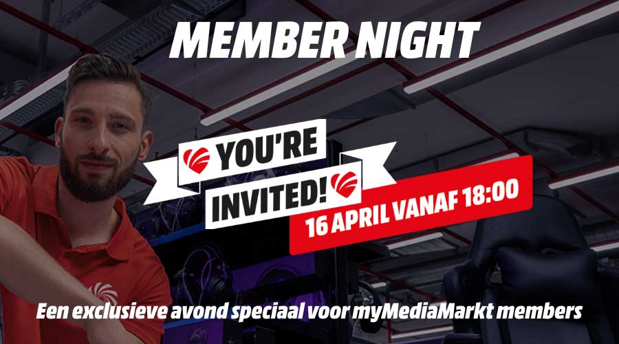 Promobeeld voor Member Night met medewerker en tekst: “You’re invited, 16 april vanaf 18:00”.