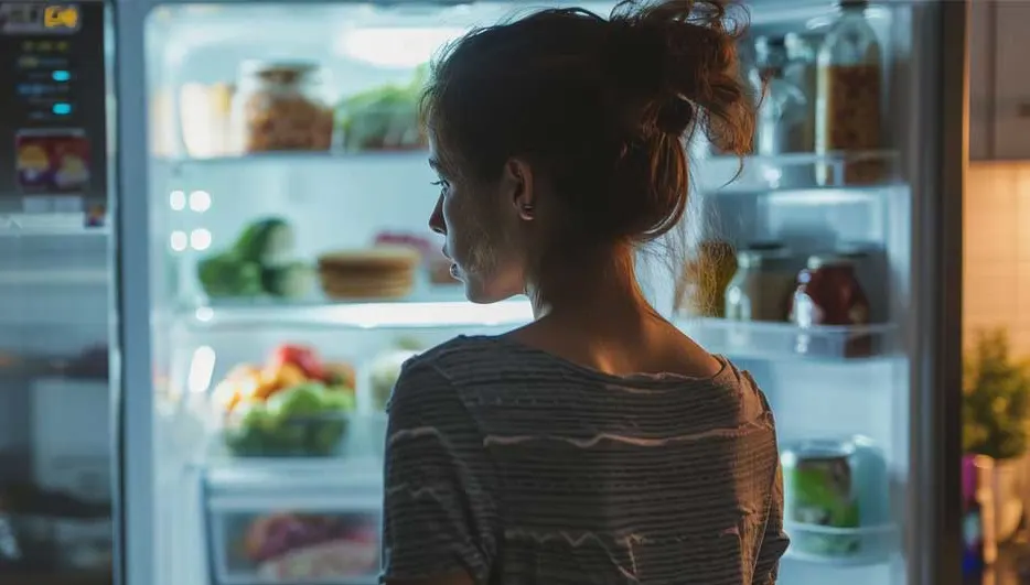 Een open koelkast vol met potten, groenten en fruit, verlicht door heldere lampen. Op de voorgrond een gestreepte top.