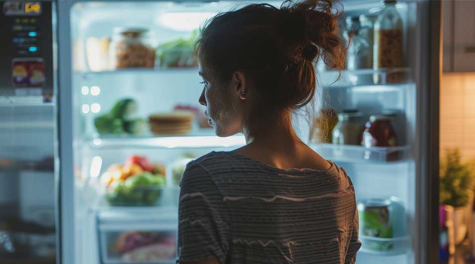 Une cuisine éclairée où un réfrigérateur ouvert expose des aliments variés sur plusieurs étagères.