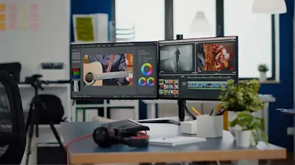 Twee monitoren tonen videobewerkingssoftware, met kleurcorrectie en tijdlijnen, op een bureau met een toetsenbord en een koptelefoon.