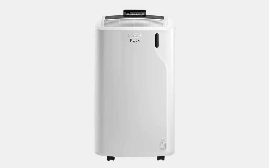 Portable air conditioner De’Longhi Pinguino PAC EM82, compact white model with top grille and rounded edges.