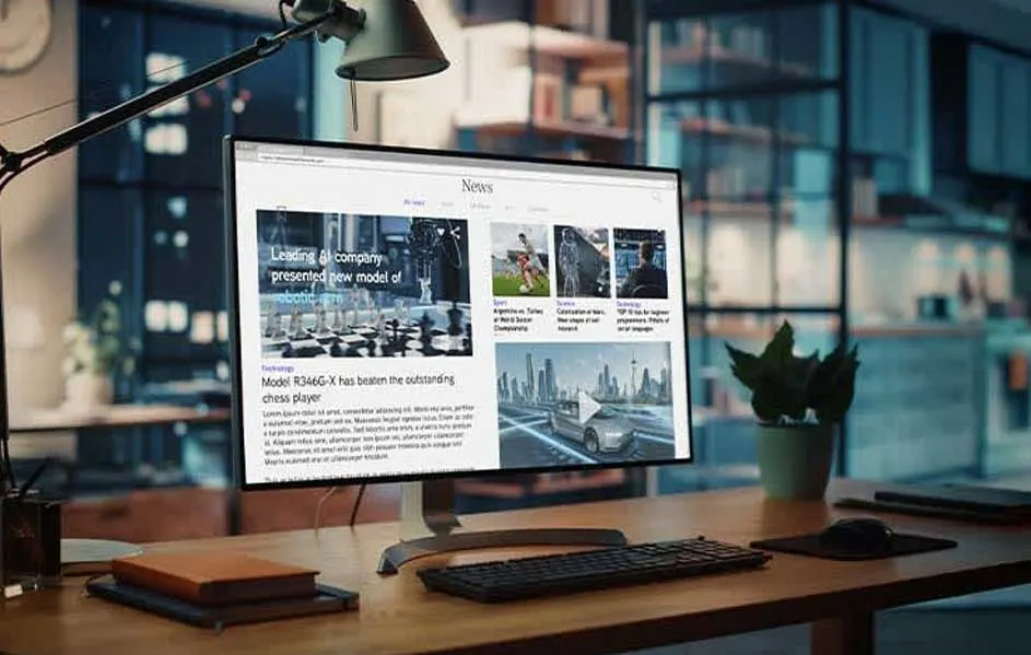 Bureau met computer waarop een nieuwswebsite staat. Een lamp en plant staan op het bureau. Op de achtergrond een blauwe boekenkast.