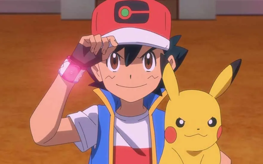 A young trainer in a red cap smiles confidently, standing beside loyal Pikachu while proudly lifting his glowing wrist device.