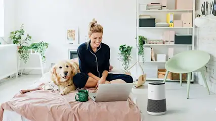 A woman in pyjamas sits on her bed using a laptop, her happy dog stretched out beside her while a small air purifier runs quietly in the bright room.
