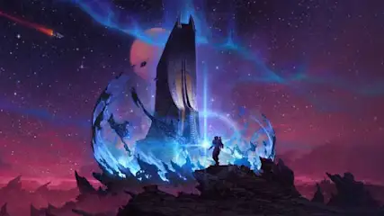 Un astronaute se tient devant une tour futuriste bleue sur un terrain rocheux, sous un ciel étoilé violet et rose.