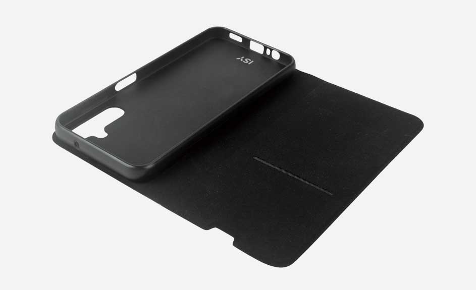 Étui de téléphone noir ouvert, montrant l'intérieur de la coque et le rabat sur fond blanc.