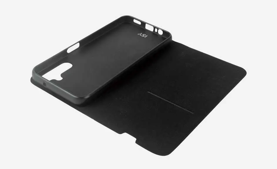 Zwarte telefoonhoes met openklapbare voorkant, liggend op een witte achtergrond. De hoes toont uitsparingen voor knoppen.