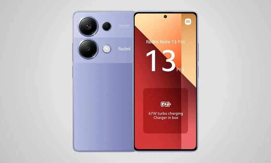 Deux smartphones : un violet avec deux objectifs, un autre avec écran rouge montrant "Redmi Note 13 Pro".