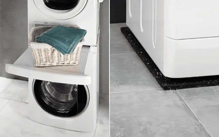 Image divisée: à gauche, lave-linge blanc empilé avec panier et serviette turquoise; à droite, base du lave-linge sur coussin noir moucheté, sur sol gris carrelé.