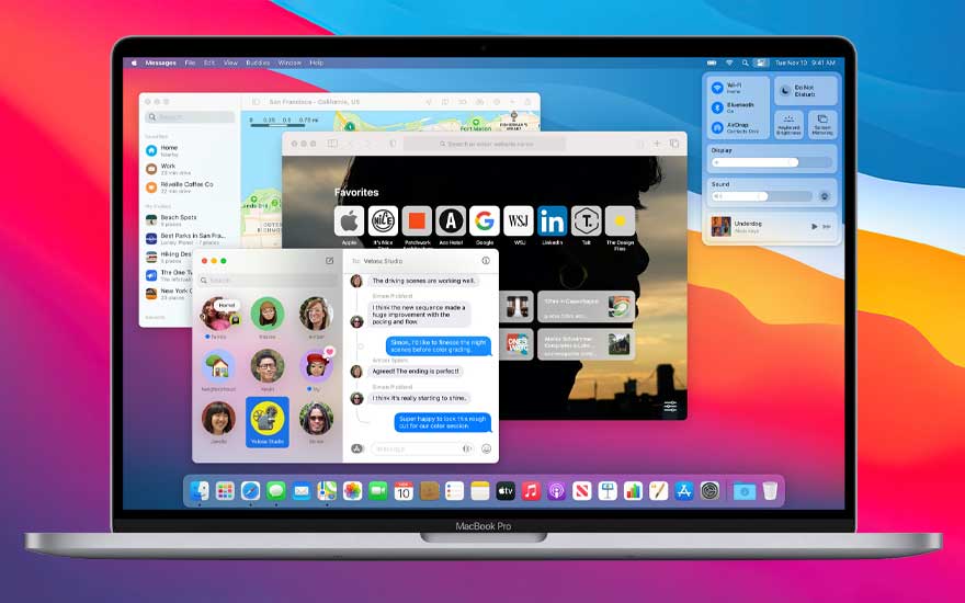 Un MacBook Pro affiche plusieurs fenêtres ouvertes, révélant des applications et des interfaces utilisateur variées. Le fond d'écran est coloré.