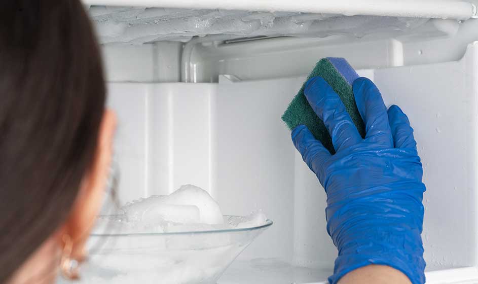 Een hand met een blauwe handschoen maakt de binnenwand van een witte vriezer schoon met een groen-blauwe spons; links staat een glazen schaal.