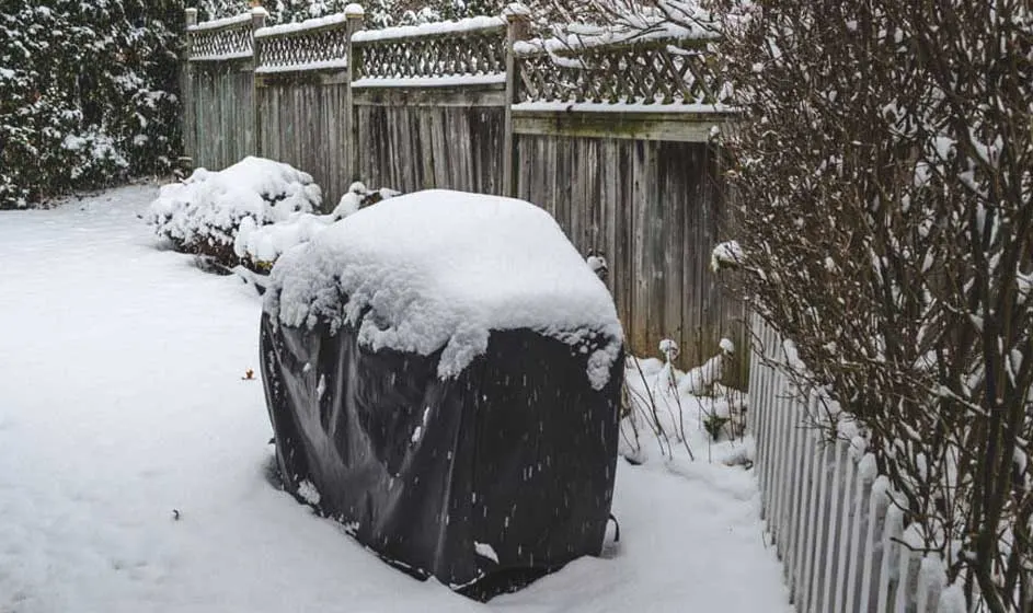 Een winterlandschap met een zwarte hoes bedekt met sneeuw op de voorgrond. Achtergrond: houten schutting en besneeuwde struiken.
