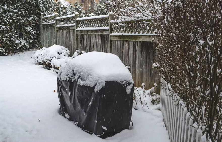 Een winterlandschap met een zwarte hoes bedekt met sneeuw op de voorgrond. Achtergrond: houten schutting en besneeuwde struiken.