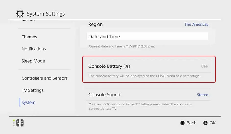 Instellingen tonen batterijpercentage-optie, waarmee het batterijpercentage van de console op het hoofdmenu wordt weergegeven.