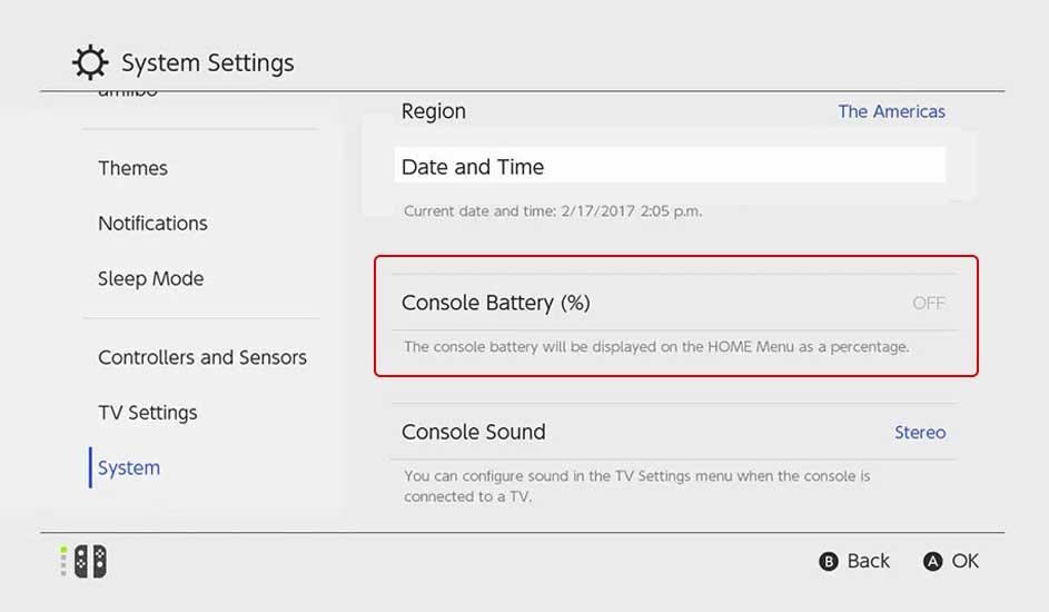 Paramètre affichant l’option pour activer le pourcentage de batterie, visible sur le menu principal de la console.