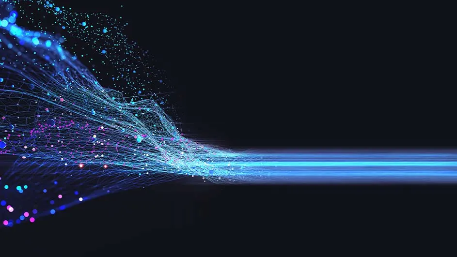 Une image abstraite avec des lignes bleues et des points colorés sur un fond noir, évoquant la technologie ou les données.