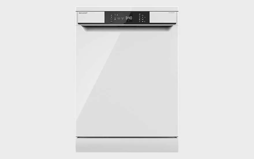 A white Sharp dishwasher with a large black digital display, door closed, modern and clean design with digital touch top controls.