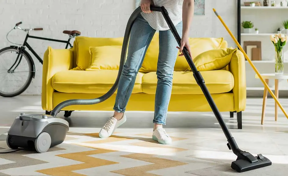 Une pièce avec un aspirateur sur un tapis à motifs, un canapé jaune et un vélo en arrière-plan.
