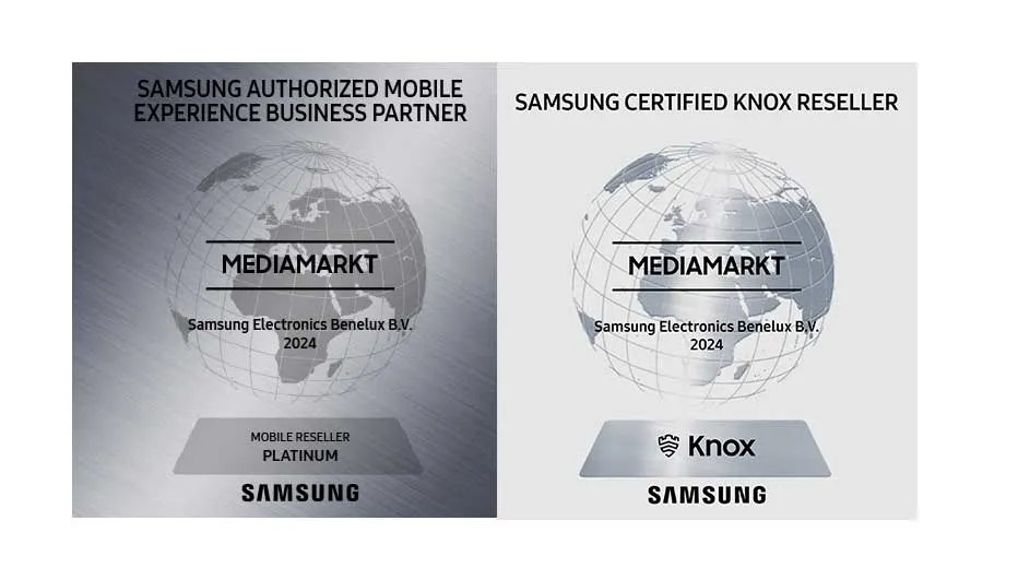 Twee grijze certificaten voor Mediamarkt, één als 'Authorized Mobile Experience Business Partner', de andere als 'Knox Reseller'.