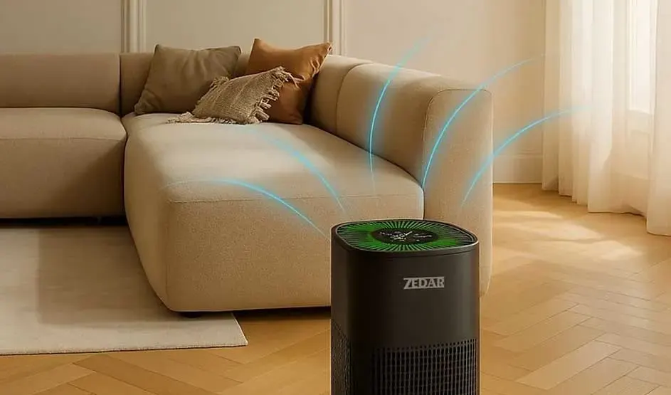 Dans un salon chaleureux, un purificateur d’air noir au dessus vert diffuse un air pur, représenté par des flux bleus se dirigeant vers le canapé beige.
