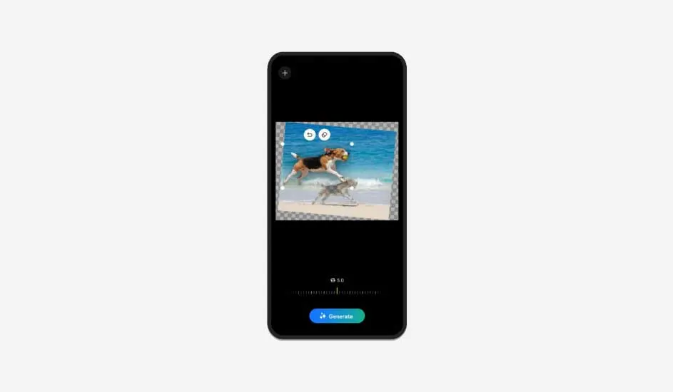 Zwarte smartphone toont twee honden die spelen op een strand met blauwe zee en zand. Een blauwe knop 'Genereren' is zichtbaar.