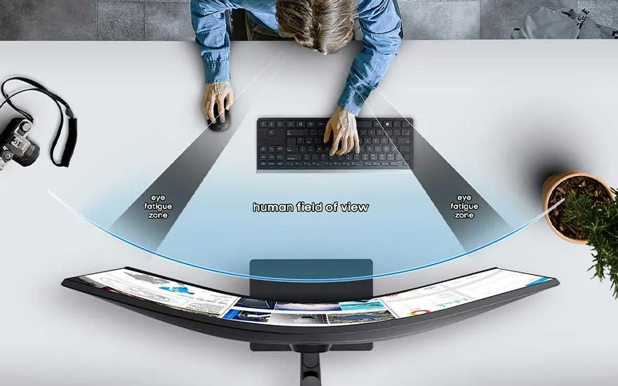 Vue aérienne d'un bureau blanc avec un écran incurvé affichant des images, un clavier noir, une souris et une plante en pot.