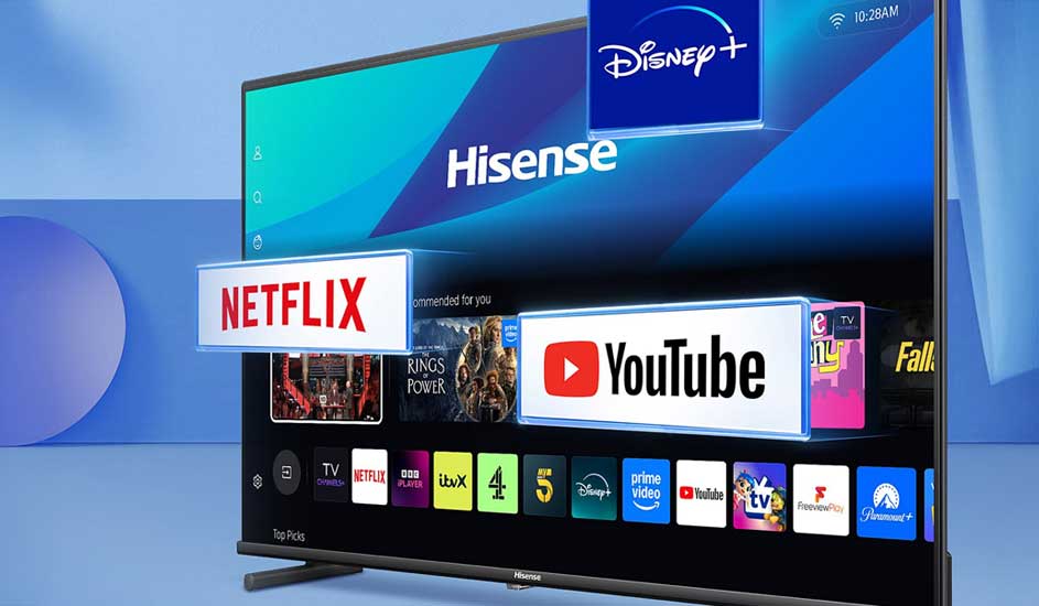 Smart TV screen showing the Hisense interface, big Netflix and YouTube logos, with Disney+ and other streaming apps below.