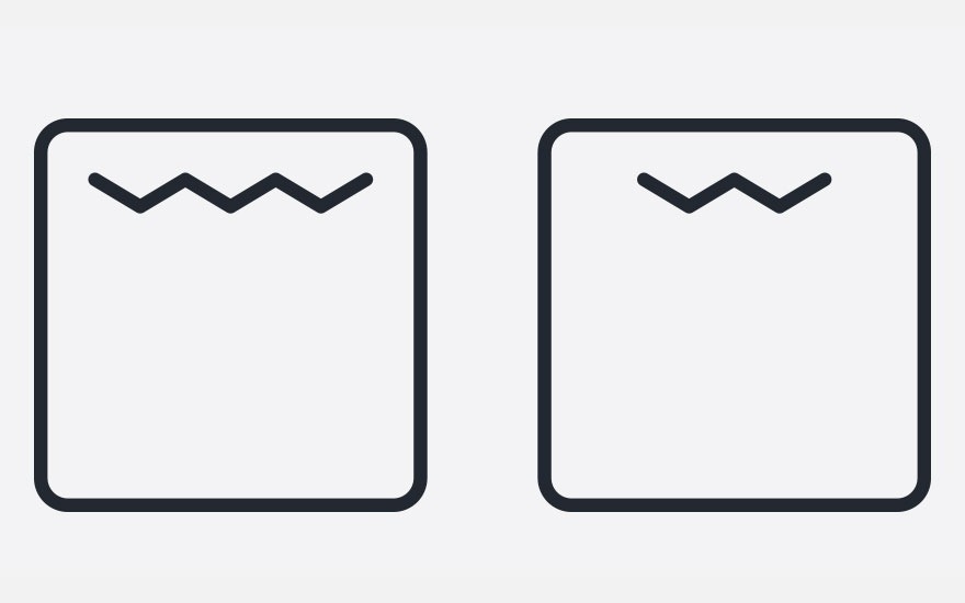 Two black oven icons on a white background. The left icon shows a zigzag line with three points, and the right icon shows a zigzag line with two points.