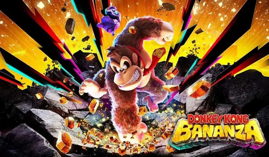 Animated image shows Donkey Kong with gold bars. Background has yellow, red, and teal lightning bolts. Text reads "Donkey Kong Bananza".