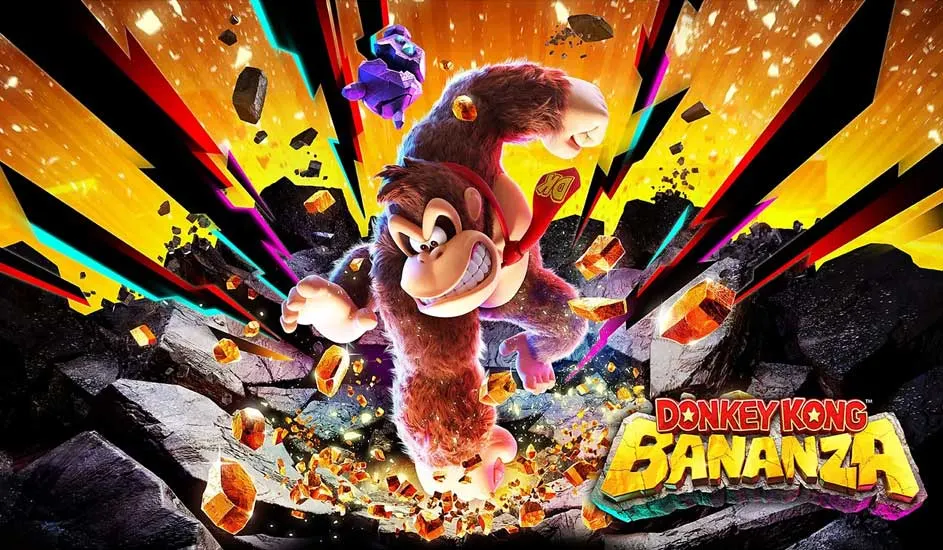 Deux singes bruns survolent des rochers, sur un fond d'éclairs jaunes, rouges et bleus, avec le texte "Donkey Kong Bananza".