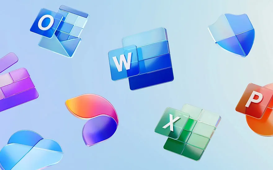Several app icons float on a light blue background, including Word(W), Excel(X), PowerPoint(P), and Outlook(O).