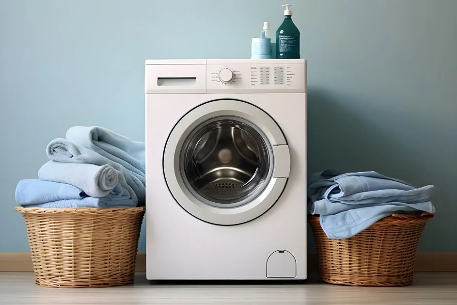 Een witte wasmachine staat tussen twee rieten manden met blauw wasgoed tegen een blauwe muur.