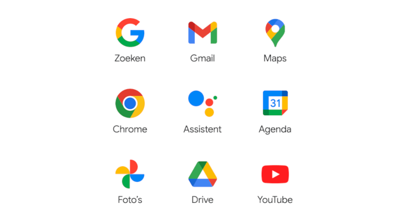 Negen logo's van Google apps: Zoeken, Gmail, Maps, Chrome, Assistent, Agenda, Foto's, Drive en YouTube.