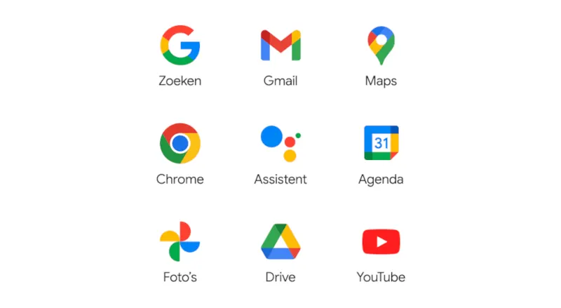 Negen logo's van Google apps: Zoeken, Gmail, Maps, Chrome, Assistent, Agenda, Foto's, Drive en YouTube.
